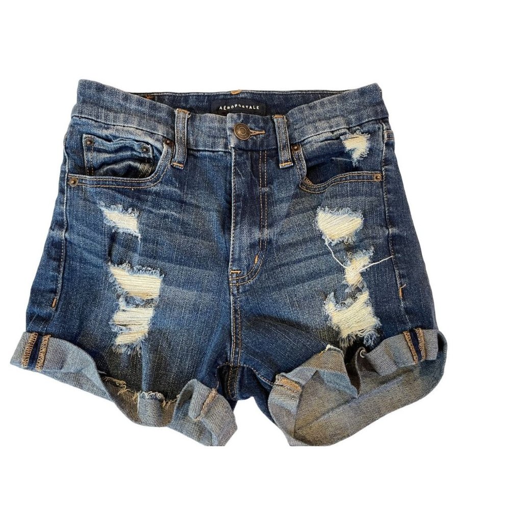 Aeropostale Womens Shorts High Rise Curvy Midi Roll Tab Hem Stretch Blue Size 4